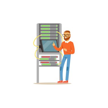 Tablet kullanarak veri merkezinde çalışan ağ mühendis yönetici için sunucu raf, sunucu bakım destek vektör çizim bağlı