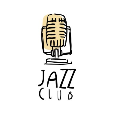 Caz Kulübü logo tasarım, müzik etiket retro mikrofon, el ilanı, kart, broşür veya afiş, için öğe ile çizilmiş vektör çizim el
