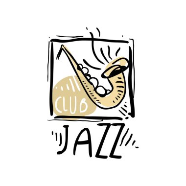 Çizilmiş vektör çizim caz logo tasarımı, vintage müzik etiketi, öğe için el ilanı, kartı, broşür veya afiş, el