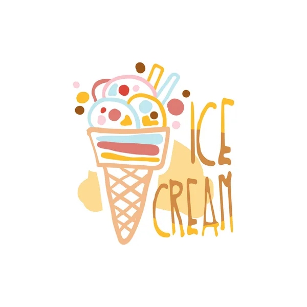 Plantilla de logotipo de helado, elemento para restaurante, bar, cafetería, menú, tienda de dulces, ilustración de vector dibujado a mano colorido — Archivo Imágenes Vectoriales