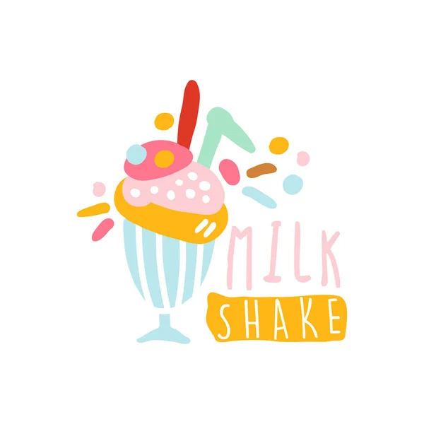 Milk shake logo szablon, kolorowy element dla Restauracja, bar, kawiarnia, menu, słodki sklep, ręcznie rysowane wektor ilustracja — Wektor stockowy