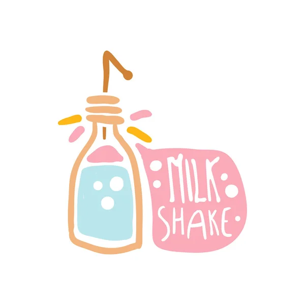 Modèle de logo coloré milk shake, élément pour restaurant, bar, café, menu, boutique sucrée, illustration vectorielle dessinée à la main — Image vectorielle