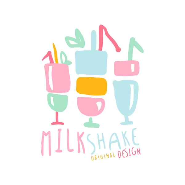 Modelo de logotipo milk shake design original, elemento para restaurante, bar, café, menu, doce loja, ilustração vetorial desenhada à mão colorida — Vetor de Stock