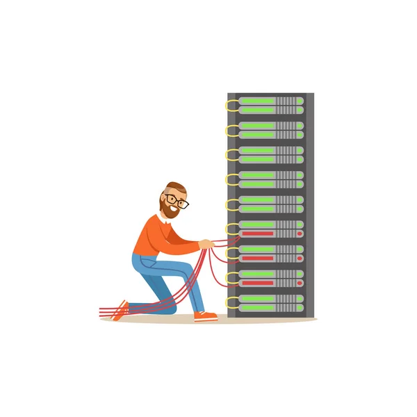 Administrador de engenheiro de rede trabalhando em data center, ilustração de vetor de serviço de rede em rack de servidor — Vetor de Stock