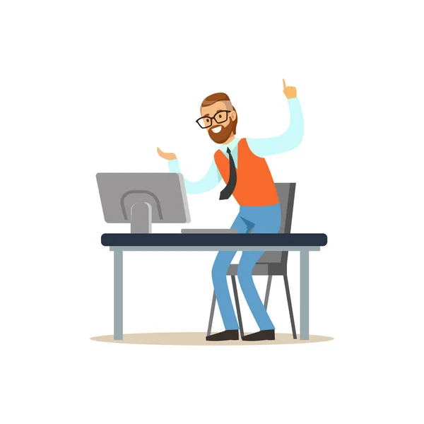 Hombre feliz trabajando en la computadora en la oficina y teniendo idea vector ilustración — Vector de stock