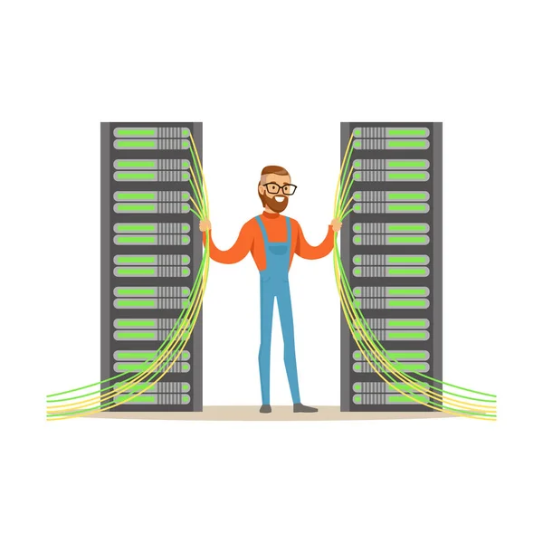 Server admin, systeembeheerder, programmeur, werken met hardware uitrusting van datacenter technologieën server onderhoud ondersteuning beschrijvingen vector illustratie — Stockvector