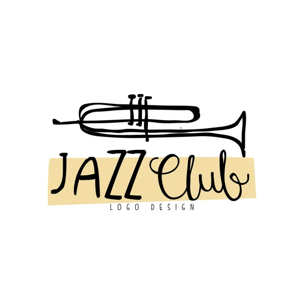 Design del logo del Jazz club, etichetta musicale vintage con tromba, elemento per volantino, biglietto, volantino o banner, illustrazione vettoriale disegnata a mano — Vettoriale Stock