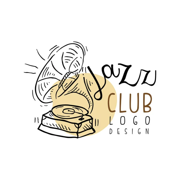 Design do logotipo do clube de jazz, etiqueta de música vintage com gramofone, elemento para folheto, cartão, folheto ou banner, vetor desenhado à mão Ilustração — Vetor de Stock