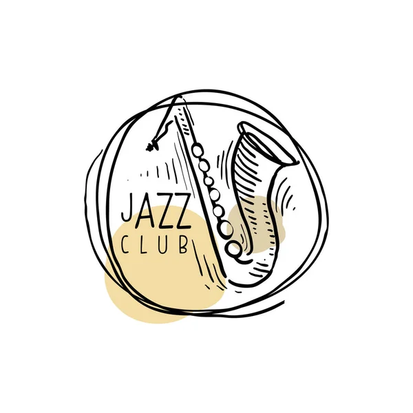 Logo Jazz club, etichetta musicale vintage con sassofono, elemento per volantino, biglietto, foglietto o banner, illustrazione vettoriale disegnata a mano — Vettoriale Stock