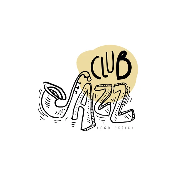 Logo Jazz club, etichetta musicale vintage, elemento per volantino, biglietto, foglietto o banner, illustrazione vettoriale disegnata a mano — Vettoriale Stock