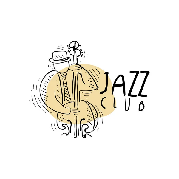 Logo Jazz club, etichetta musicale vintage con sassofonista che suona il sassofono, elemento per volantino, biglietto, foglietto o banner, illustrazione vettoriale disegnata a mano — Vettoriale Stock