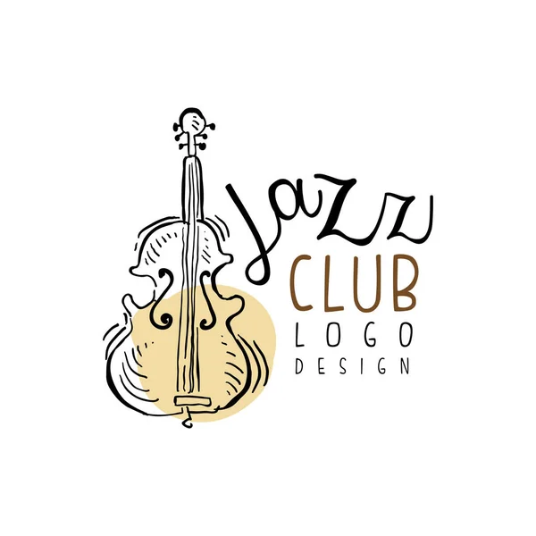Design do logotipo do clube de jazz, etiqueta de música vintage com violoncelo, elemento para folheto, cartão, folheto ou banner, vetor desenhado à mão Ilustração — Vetor de Stock