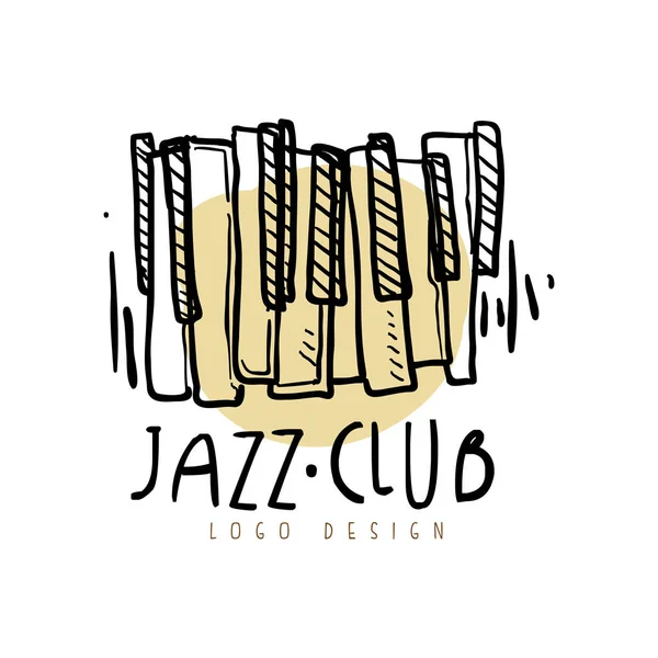 Design del logo del Jazz club, etichetta musicale vintage con tastiera per pianoforte, elemento per volantino, biglietto, volantino o banner, illustrazione vettoriale disegnata a mano — Vettoriale Stock