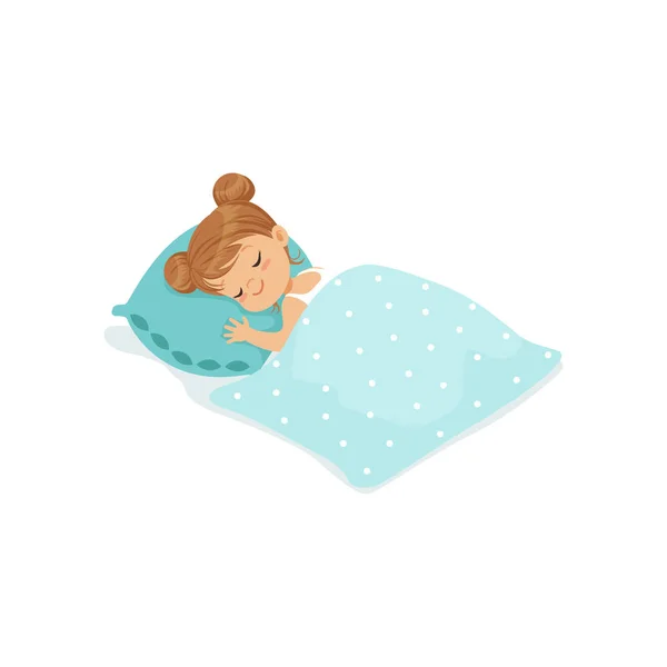 Lief klein meisje slapen op haar bed cartoon karakter vectorillustratie — Stockvector