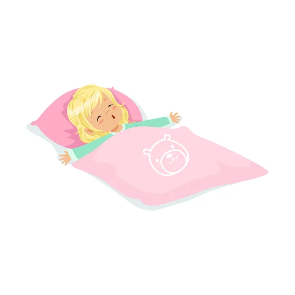 Zoete blonde meisje slapen op haar bed cartoon karakter vectorillustratie — Stockvector