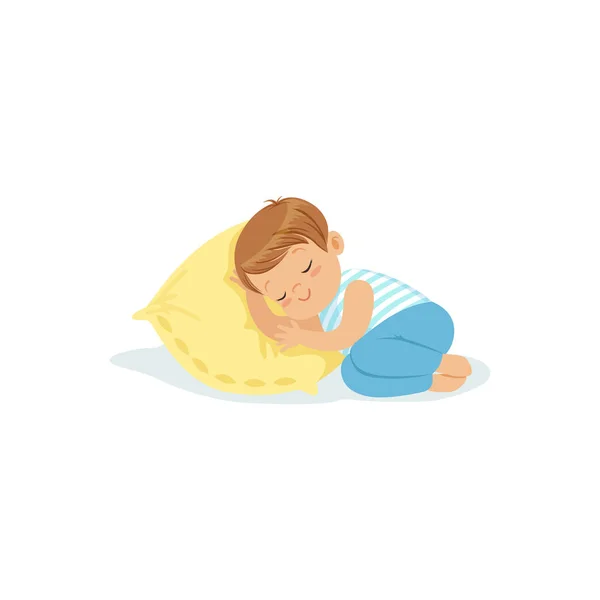 Schattige kleine jongen, slapen op een kussen stripfiguur, adorable slapende kind vectorillustratie — Stockvector