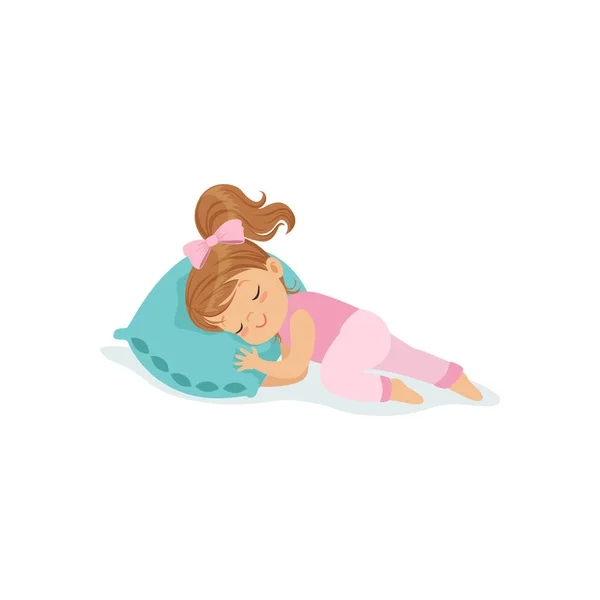 Adorável menina dormindo em sua cama desenho animado personagem vetor ilustração —  Vetores de Stock