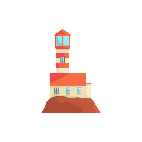 Rode vuurtoren, zoeklicht toren voor maritieme navigatie oriëntatie vector illustratie — Stockvector