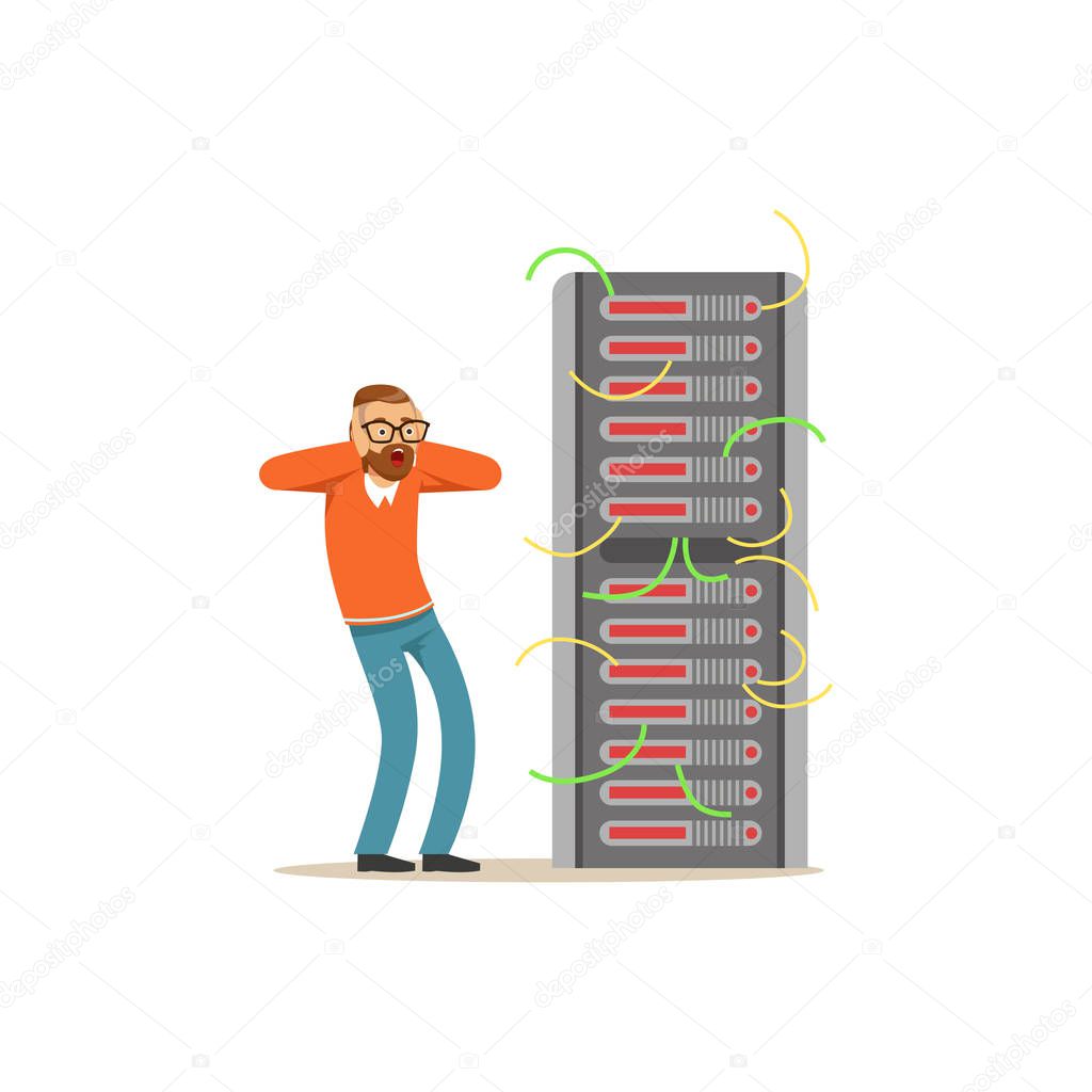 Anxiety technical specialist repairing server hardware equipment in the data center vector illustration