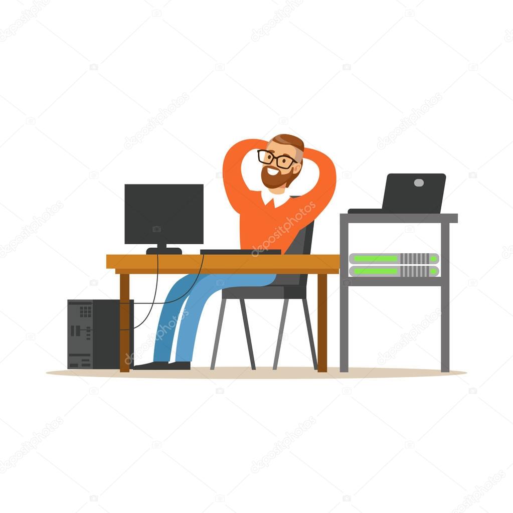 Smiling man working on the computer in the office, network engineer administrator working at his workplace vector illustration