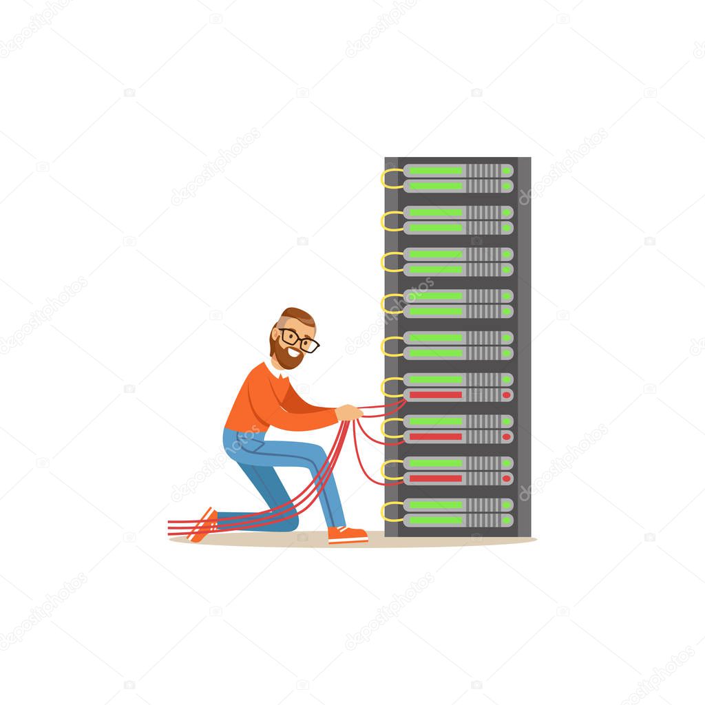 Network engineer administrator working in data center, server rack networking service vector illustration