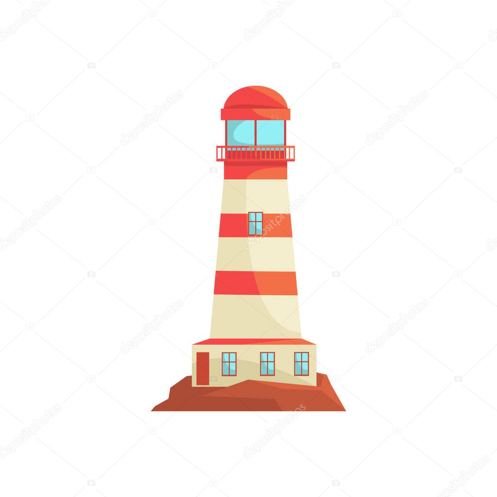 Red and white lighthouse, searchlight tower for maritime navigation guidance vector Illustration