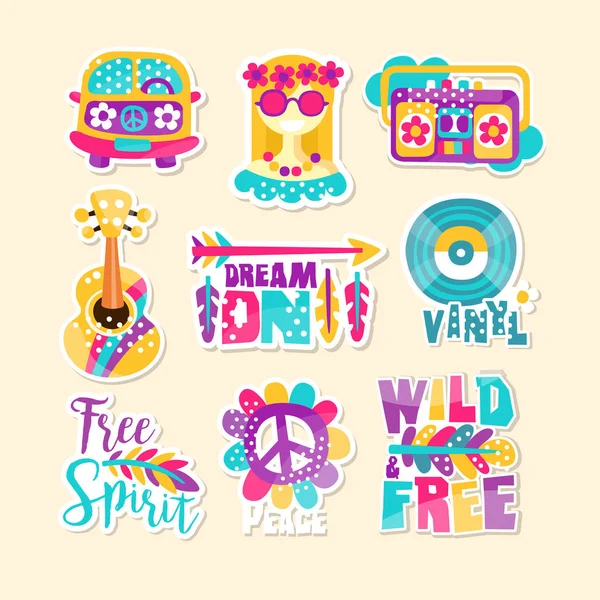 Conjunto de nueve brillantes logotipos de temática hippy — Vector de stock
