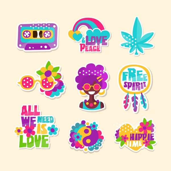 A Set Of Bright Hippy-Themed Badges — Stock Vector