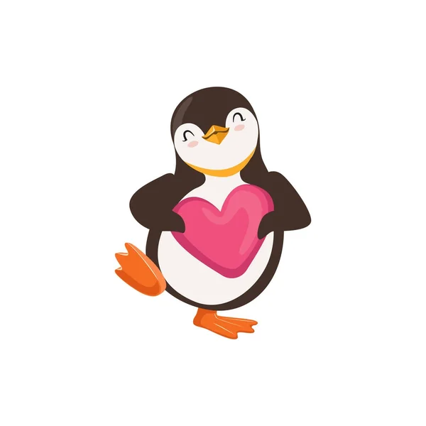 Pinguïn Toon houdt een roze hart — Stockvector