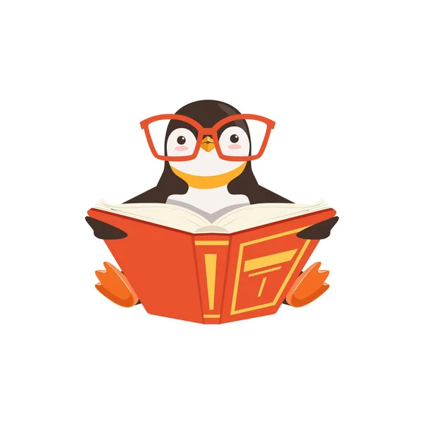 Toon tučňák v brýlích čtení knihy — Stockový vektor