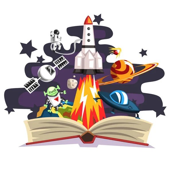 Open boek met raket — Stockvector