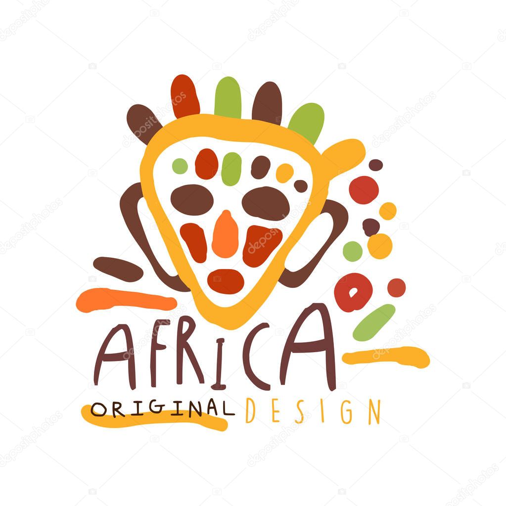 Original african ethnic tribal ritual mask logo. Cartoon man face with traditional ornamentation. Colorful vector illustration isolated on white background. For card, poster, children t-shirt design.