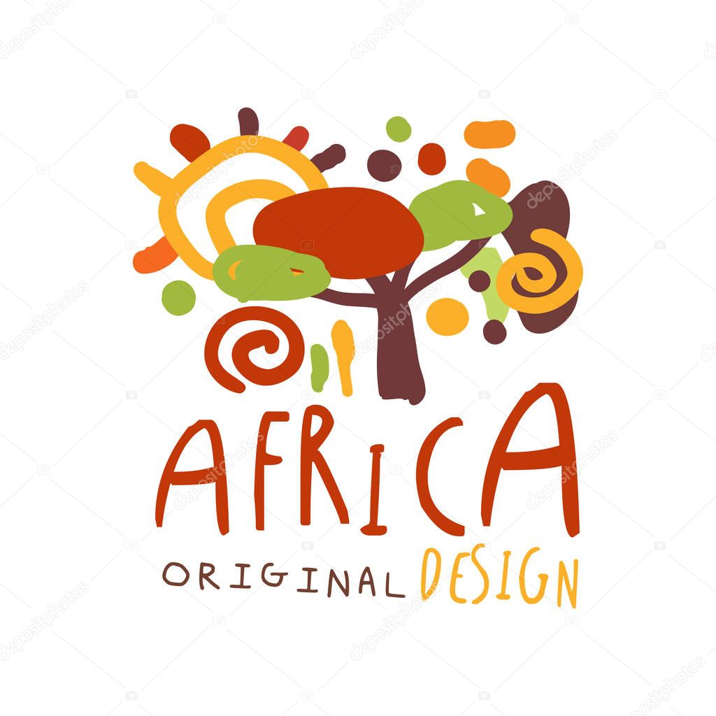 Abstract african savannah landscape logo. Cartoon scribble of tree and sun. Colorful vector illustration isolated on white background. For card, poster, children t-shirt design, travel agency business