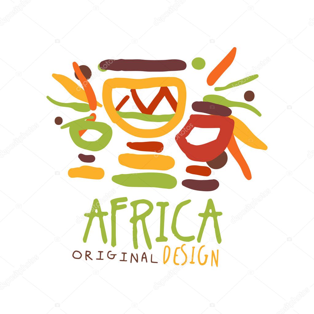 Original tribal doodle logo. Abstract african Djembe drum. Colorful scribble vector illustration isolated on white. Decoration ornament for card, poster, children t-shirt design. Travel to Africa.
