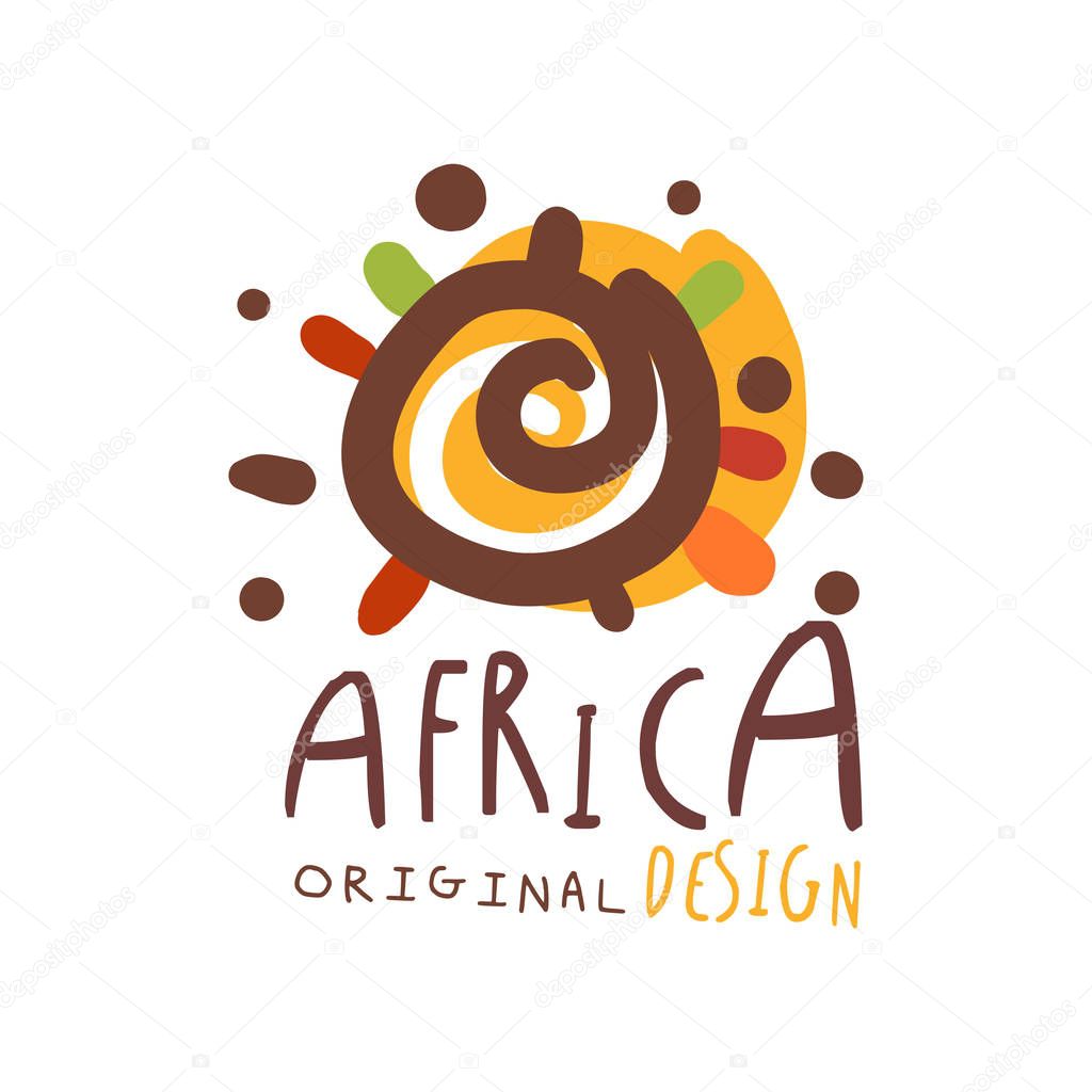 Original african logo design template. Colorful doodle sun. Vector illustration isolated on white background. Decoration ornament for card, poster, children t-shirt design. Travel to Africa concept.