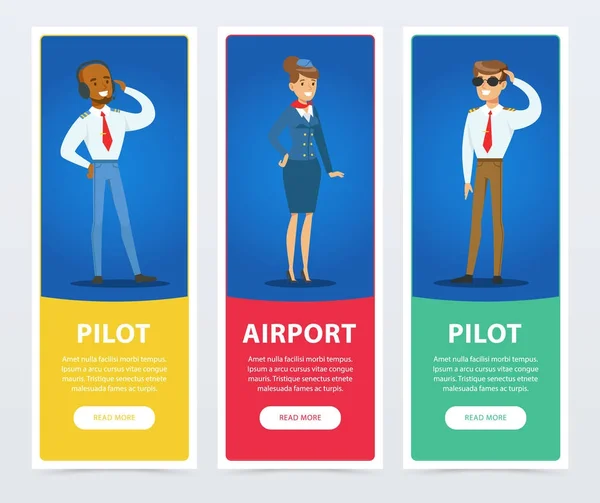 Set van banners met piloten en stewardess in uniform — Stockvector