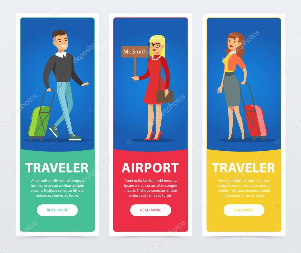 Flat people in airport banners set
