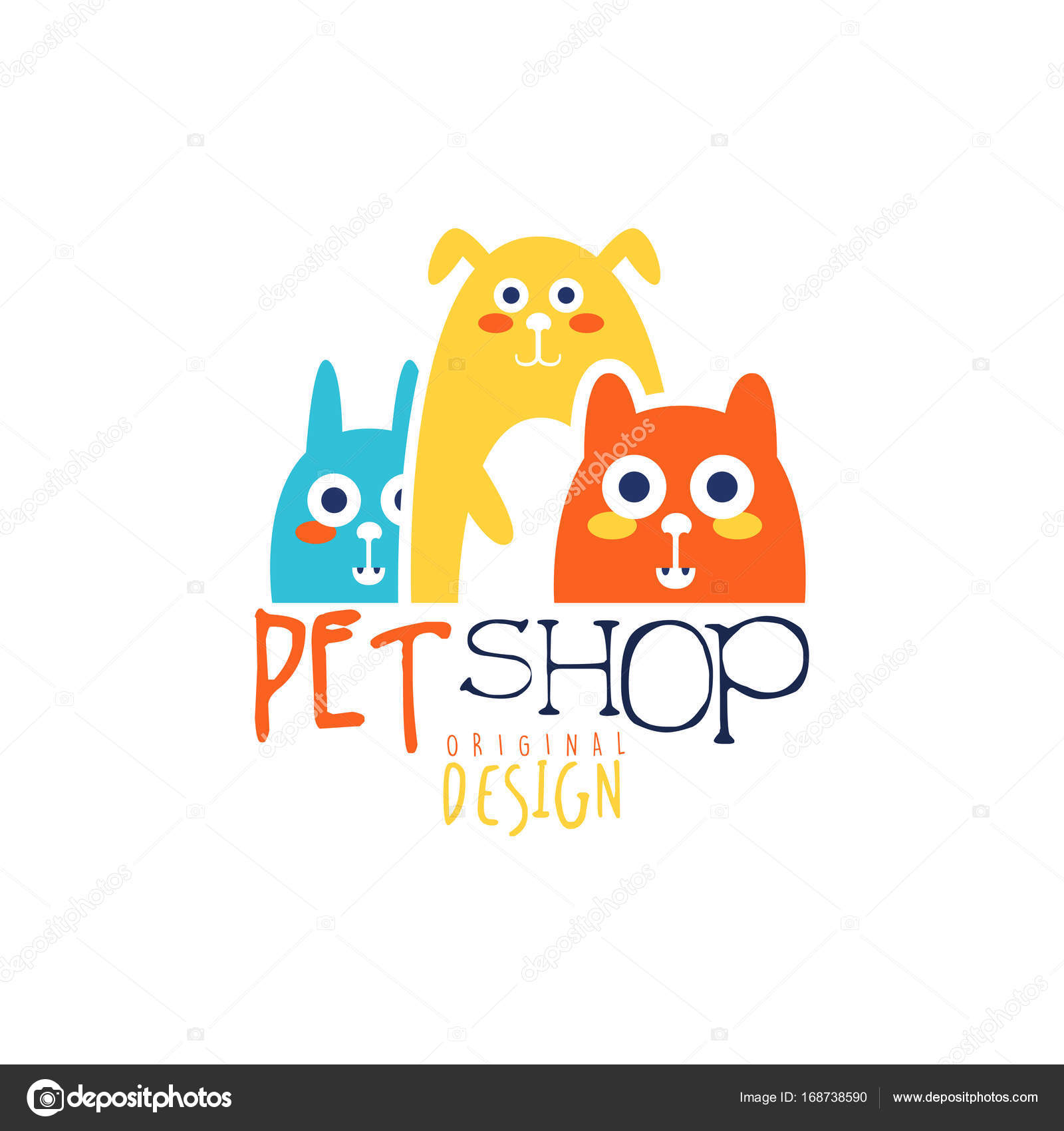 Disegno del modello logo originale negozio di animali distintivo colorato con gli animali vettore