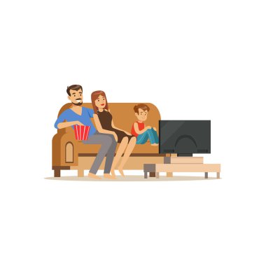Genç aile ile küçük çocuk, televizyon ekranı vektör çizim önünde oturma odasında kanepede oturan insanlar TV izlerken