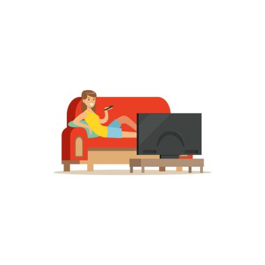 Bir oturma odası ve izlerken tv vektör çizim bir kanepede oturan genç kadın