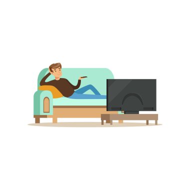 Televizyon ekranı vektör çizim önünde oturma odasında kanepede oturan genç adam