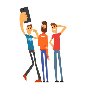 Erkek arkadaş selfie fotoğraf karikatür vektör çizim alarak gülümseyen bir grup