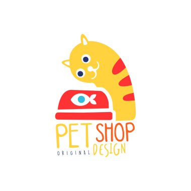Evde beslenen hayvan dükkan logo şablonu özgün tasarımı, kedi ve balık, renkli rozet el çizilmiş vektör çizim