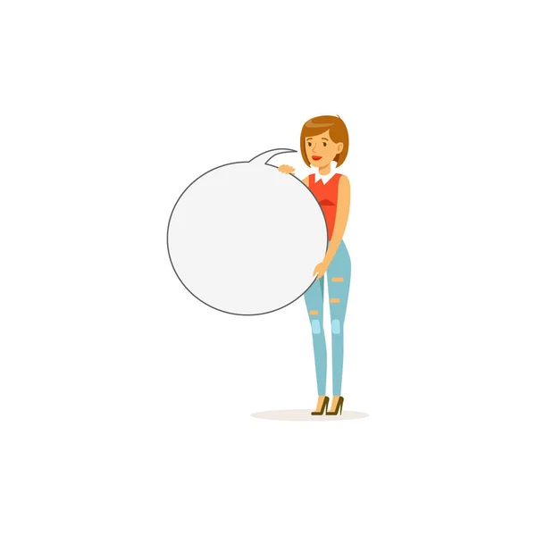 Beau personnage de femme avec panneau de message rond vide, vecteur de bulle de parole Illustration — Image vectorielle