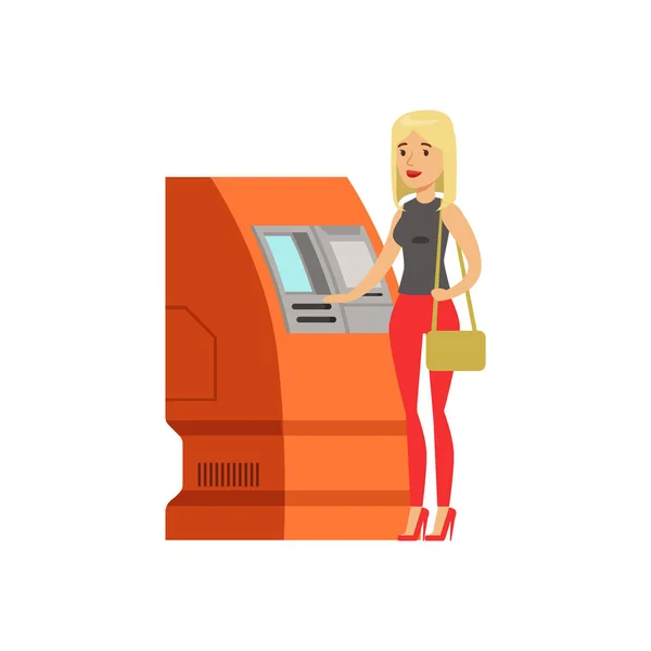 Mujer haciendo cajero automático depósito de dinero o retiro vector Ilustración — Vector de stock