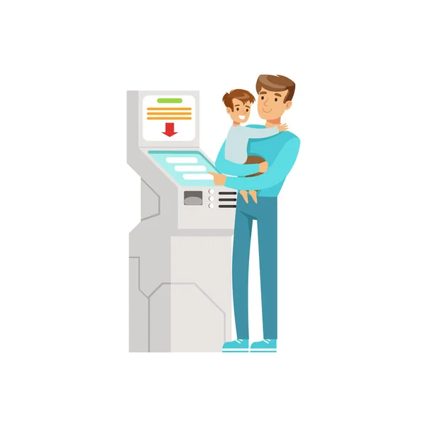 Young man with kid in his hands using electronic self service payment terminal, people carrying out operations with terminal vector Illustration — Stock Vector