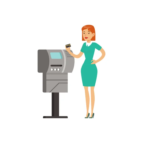 Woman using payment terminal with credit card, people carrying out operations with terminal vector Illustration — Stock Vector