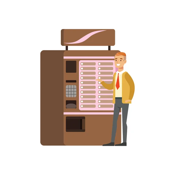 Hombre sonriente usando máquina expendedora de café, dispositivo automático para el vector de bebidas calientes Ilustración — Vector de stock