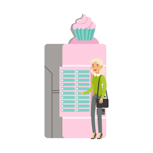 Νεαρή γυναίκα, χρήση αυτόματο μηχάνημα αυτόματης πώλησης παγωτού διανυσματικά εικονογράφηση — Διανυσματικό Αρχείο