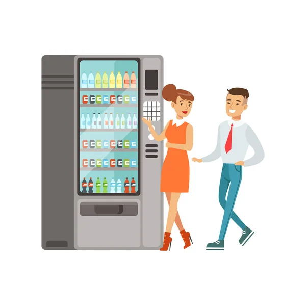 Empresários que estão ao lado da máquina automática de venda automática com vetor de bebidas Ilustração — Vetor de Stock